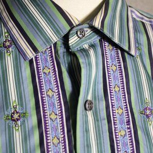 Robert Graham SZ LG Men's LS Shirt -Green, Navy & Mauve Striped, Embroidered